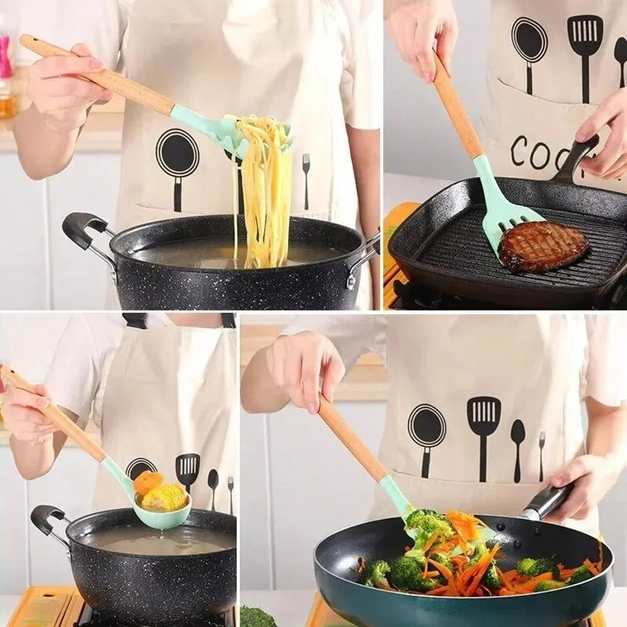 Kit Premium de Utensílios de Silicone – 12 Peças-Cabo Madeira