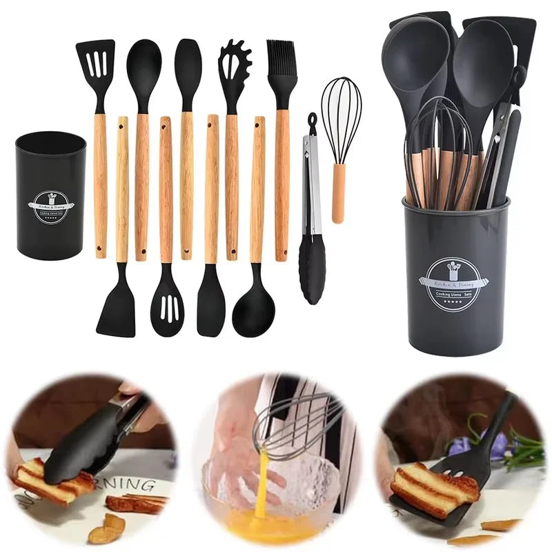 Kit Premium de Utensílios de Silicone – 12 Peças-Cabo Madeira