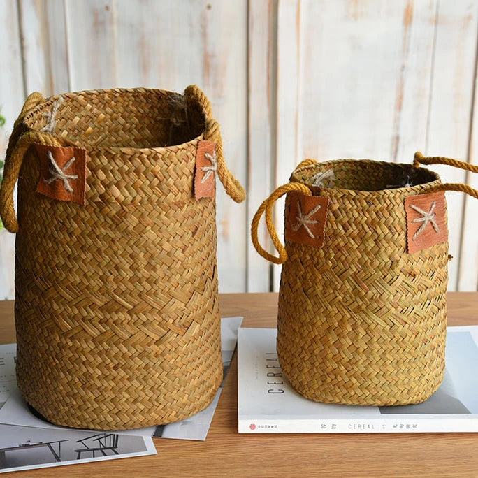 Cesta de Armazenamento De Vime DIY Artesanal Trançada Natural Circular- Cachepó, Vaso de Flores