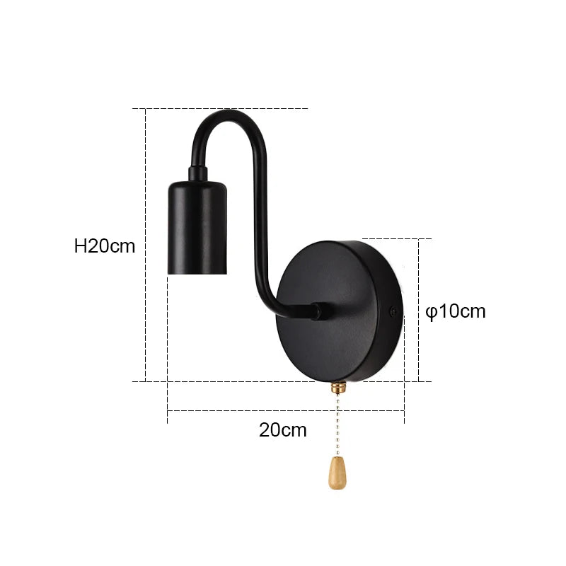 Luminária de parede nórdica industrial em ferro preto, soquete E27, para ambientes internos, ideal para cabeceira, banheiro ou quarto.