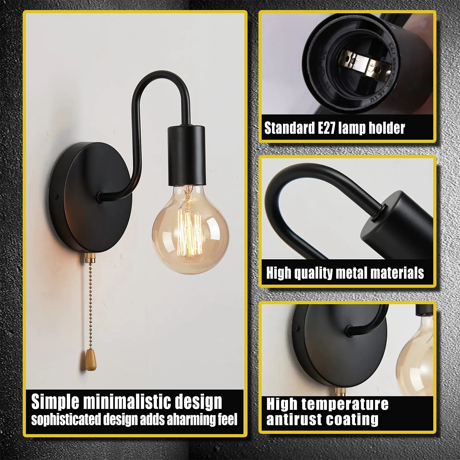 Luminária de parede nórdica industrial em ferro preto, soquete E27, para ambientes internos, ideal para cabeceira, banheiro ou quarto.