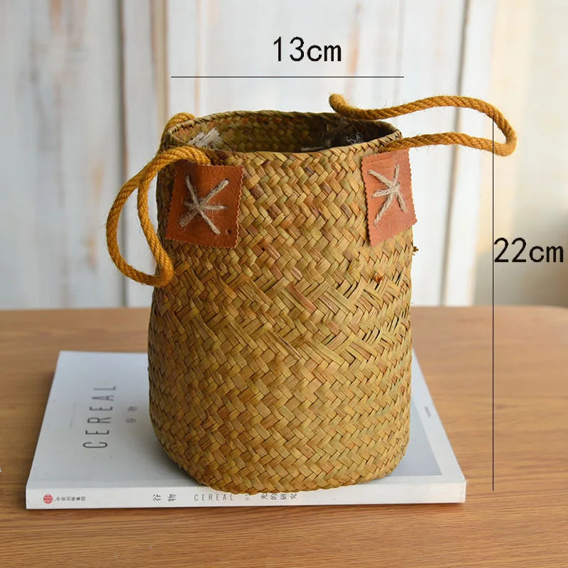Cesta de Armazenamento De Vime DIY Artesanal Trançada Natural Circular- Cachepó, Vaso de Flores