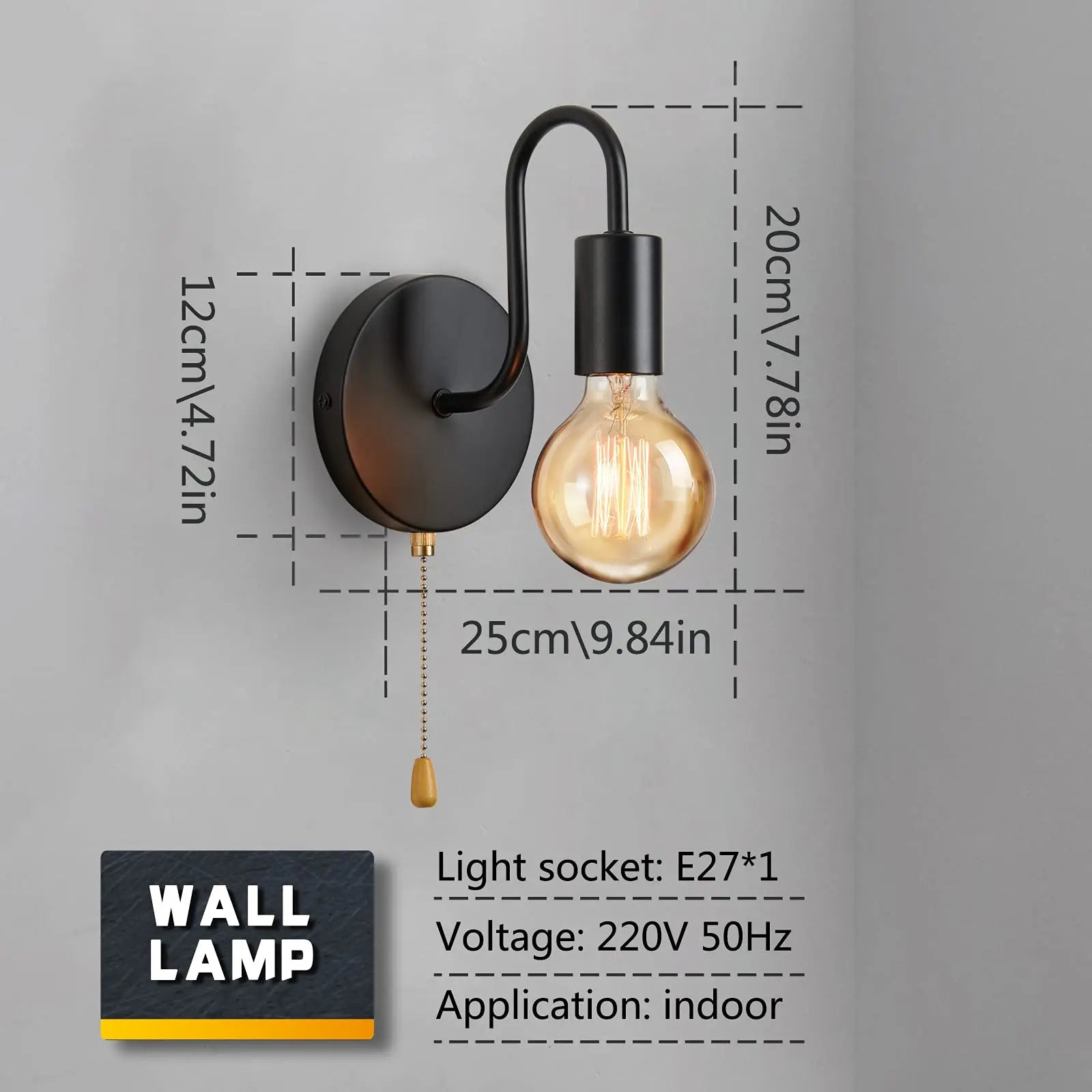 Luminária de parede nórdica industrial em ferro preto, soquete E27, para ambientes internos, ideal para cabeceira, banheiro ou quarto.