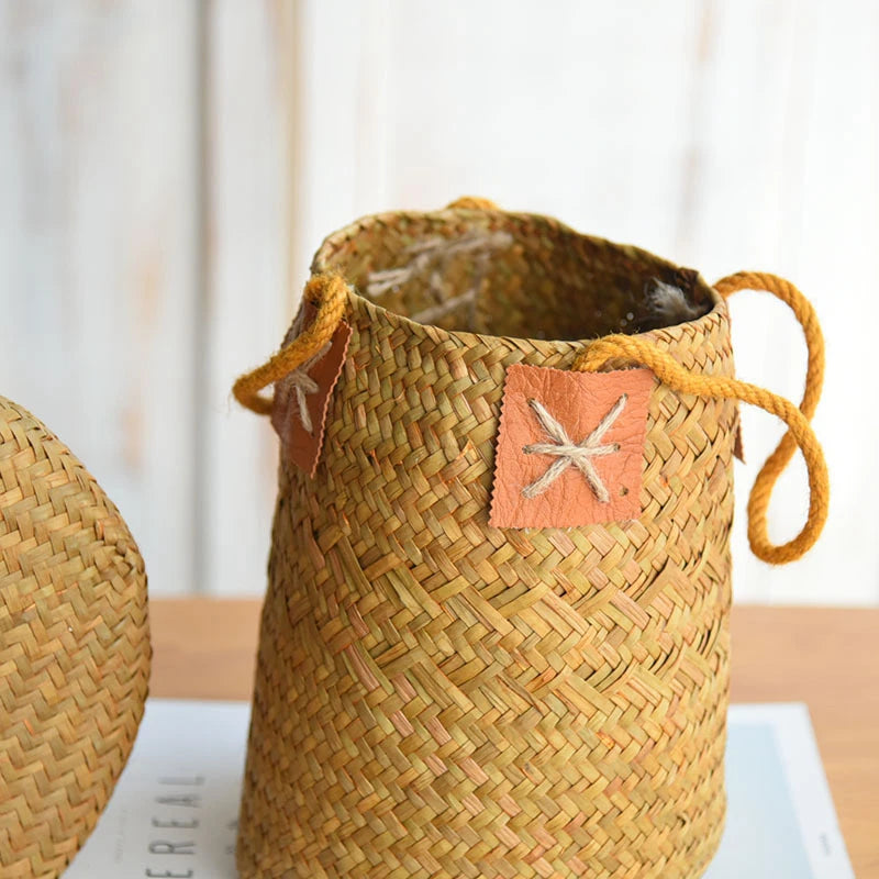 Cesta de Armazenamento De Vime DIY Artesanal Trançada Natural Circular- Cachepó, Vaso de Flores