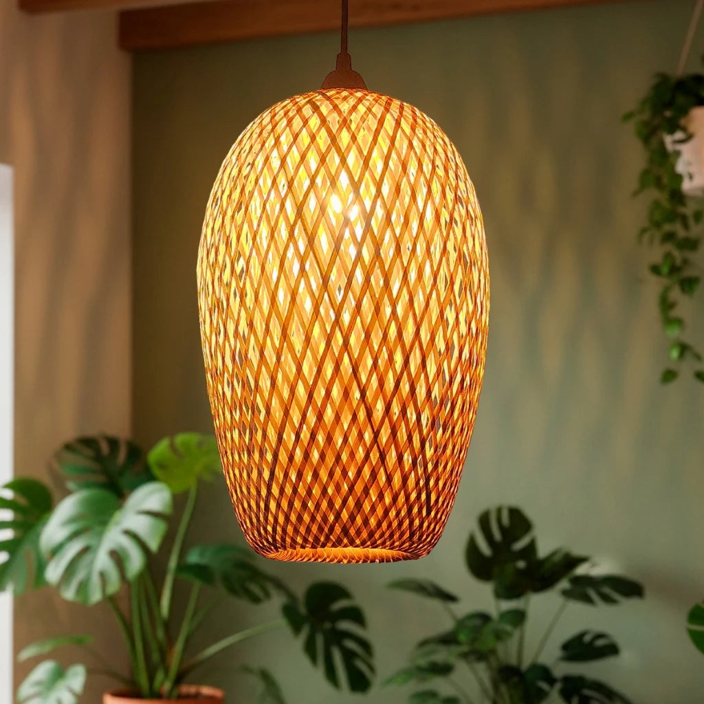 Luminária pendente Bambu Essence- Vime de Rattan Natural, soquete E27 e LED, com cúpulas trançadas à mão.