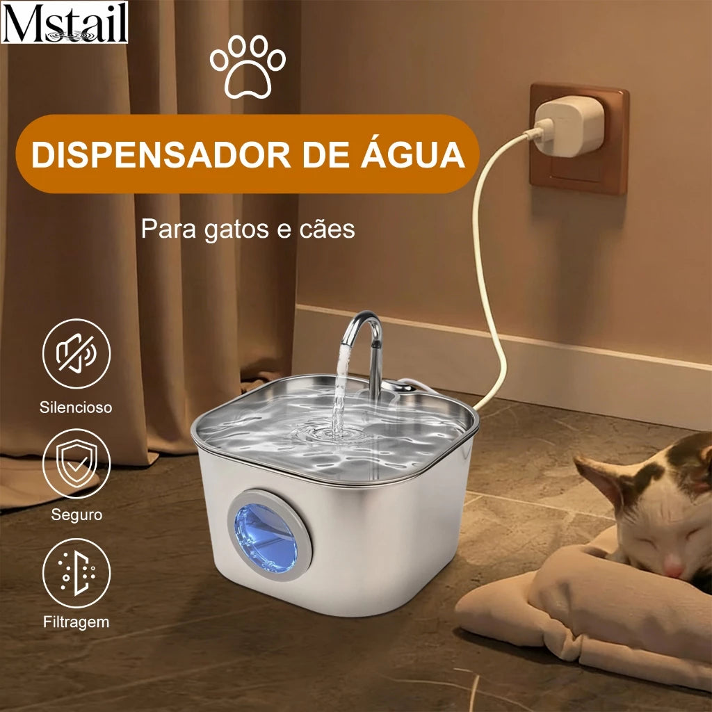 Bebedouro Automático de Aço Inoxidável para Gatos com Visor de Água-Mstail 2.2L