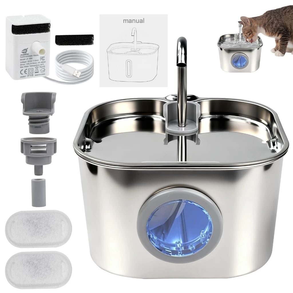 Bebedouro Automático de Aço Inoxidável para Gatos com Visor de Água-Mstail 2.2L