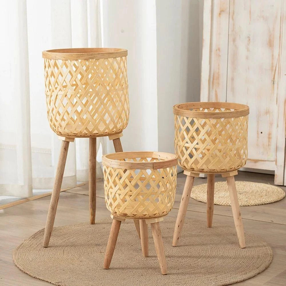 Cachepot para Plantas -Vaso de Flores Feito em Bambu Técnica Rattan