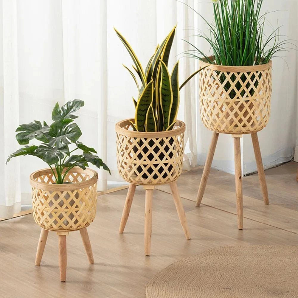 Cachepot para Plantas -Vaso de Flores Feito em Bambu Técnica Rattan