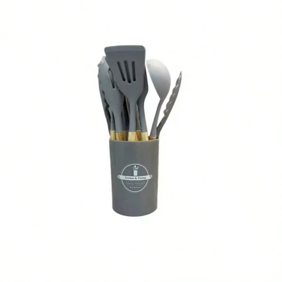 Kit Premium de Utensílios de Silicone – 12 Peças-Cabo Madeira