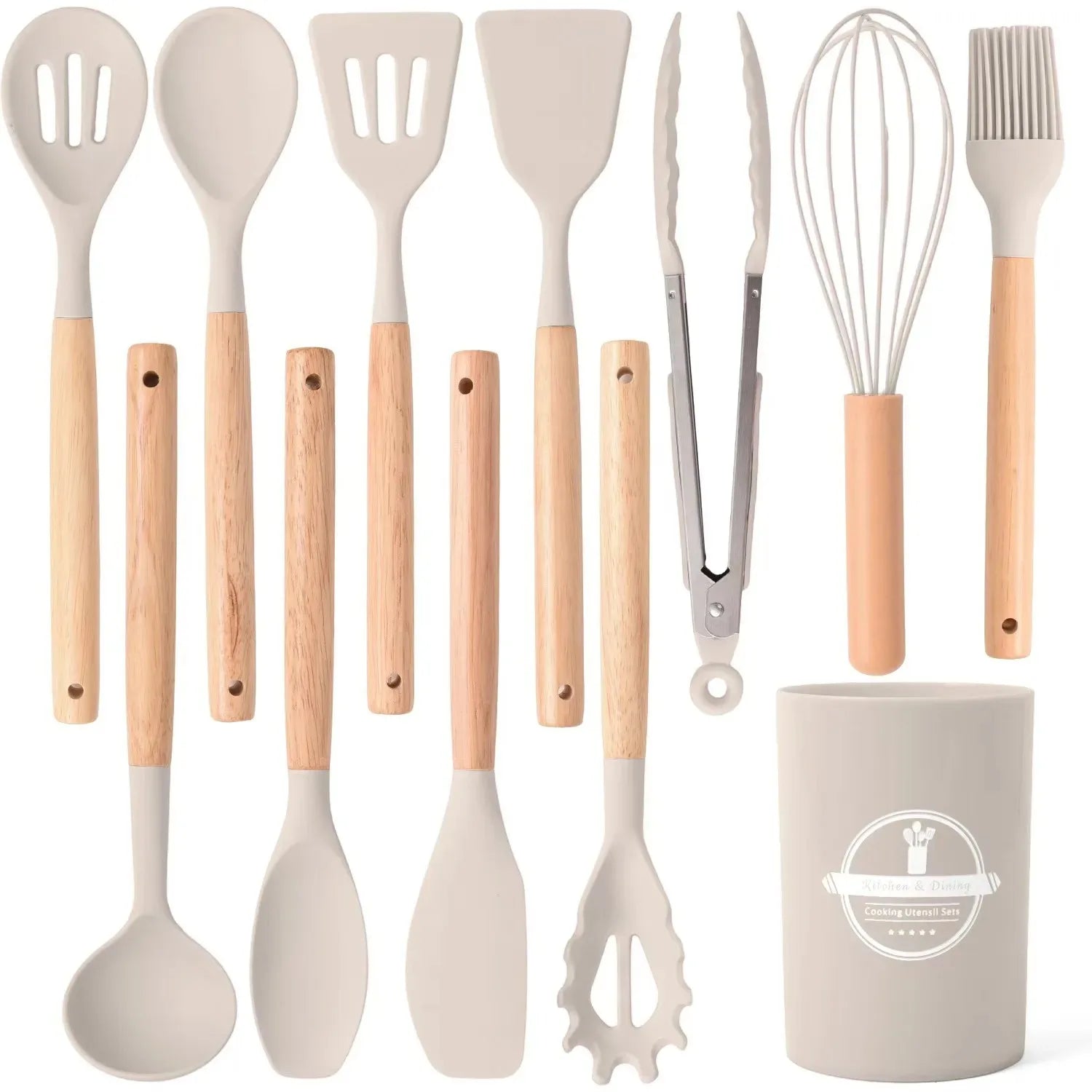 Kit Premium de Utensílios de Silicone – 12 Peças-Cabo Madeira