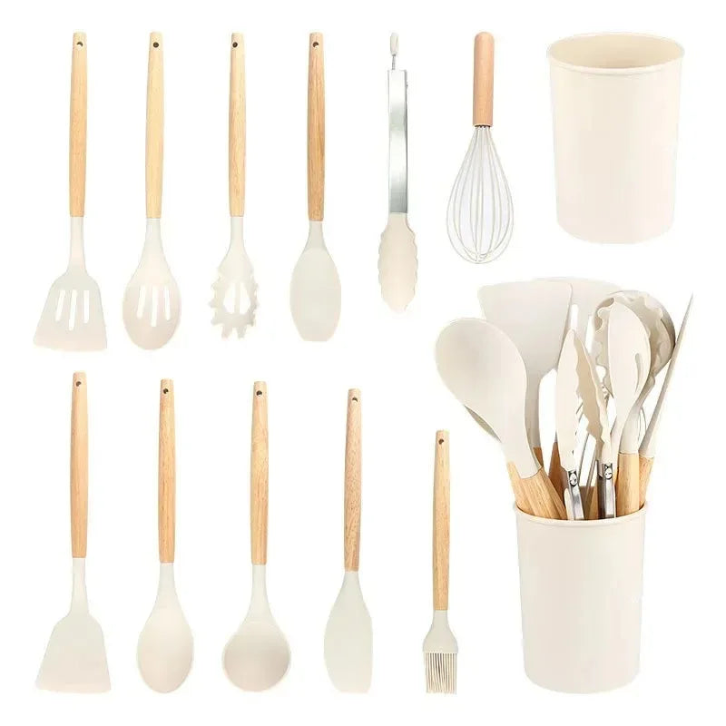 Kit Premium de Utensílios de Silicone – 12 Peças-Cabo Madeira