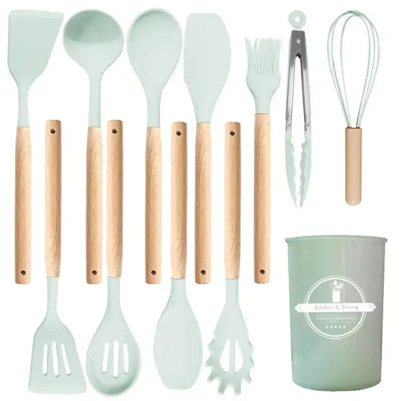 Kit Premium de Utensílios de Silicone – 12 Peças-Cabo Madeira