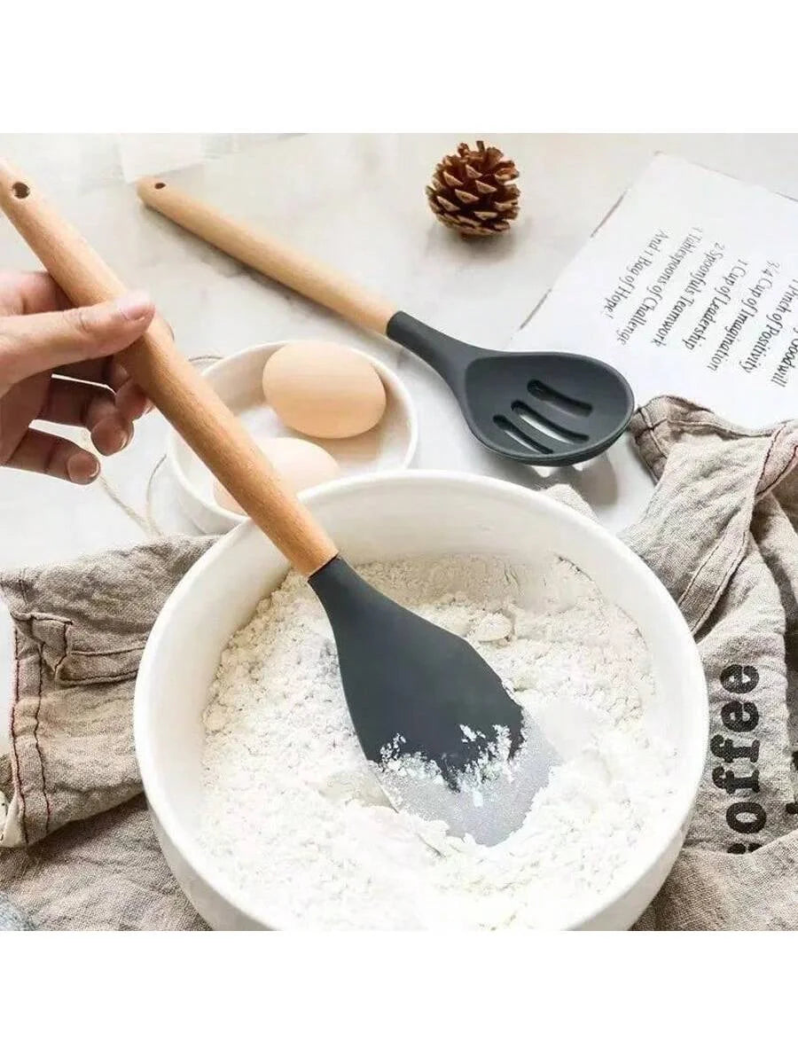 Kit Premium de Utensílios de Silicone – 12 Peças-Cabo Madeira