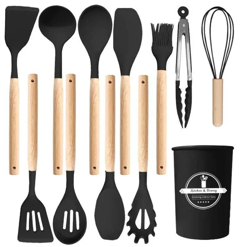 Kit Premium de Utensílios de Silicone – 12 Peças-Cabo Madeira