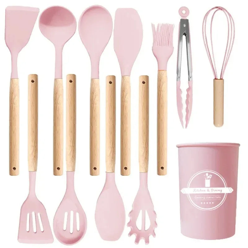 Kit Premium de Utensílios de Silicone – 12 Peças-Cabo Madeira