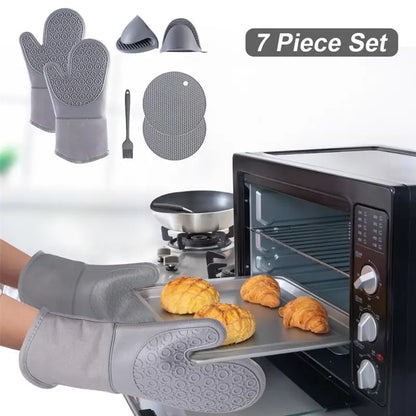 Kit para Cozinha com Luvas de Forno de Silicone, Suportes de Panela, Escova de mini luvas de forno, Pegadores de Panela para assar cozinhar. (7Pcs.)