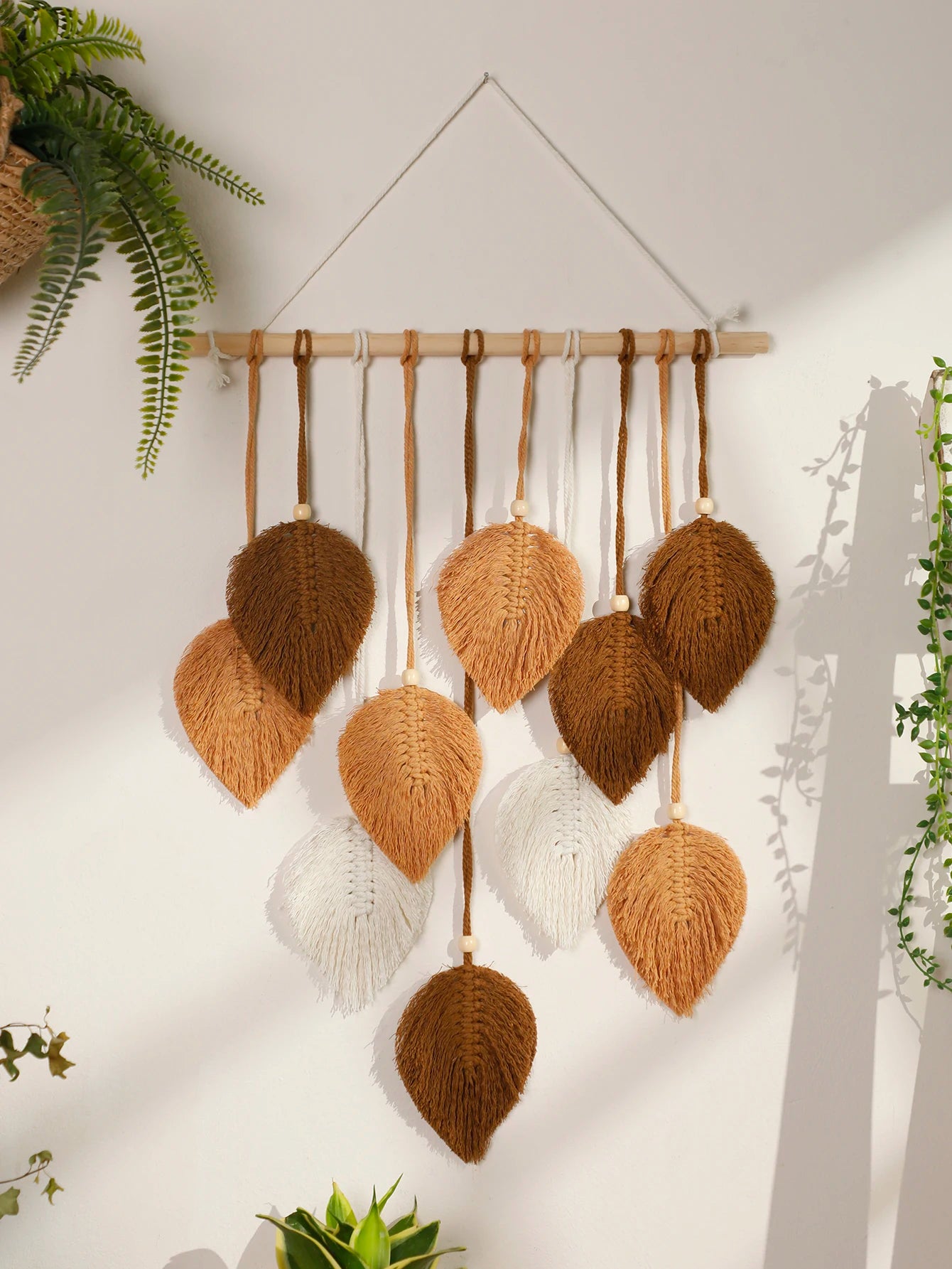 Tapeçaria de Macramê com Folhas, Marrom e Verde, Tapeçaria de Parede, Decoração Boho para Casa, Tapeçaria de Macramê para Parede, Decoração de Sala de Estar