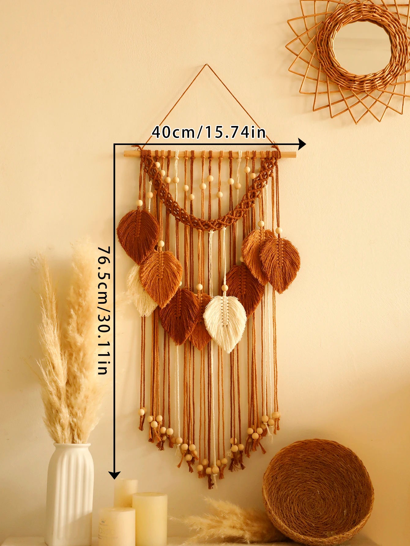 Tapeçaria de Macramê com Folhas, Marrom e Verde, Tapeçaria de Parede, Decoração Boho para Casa, Tapeçaria de Macramê para Parede, Decoração de Sala de Estar