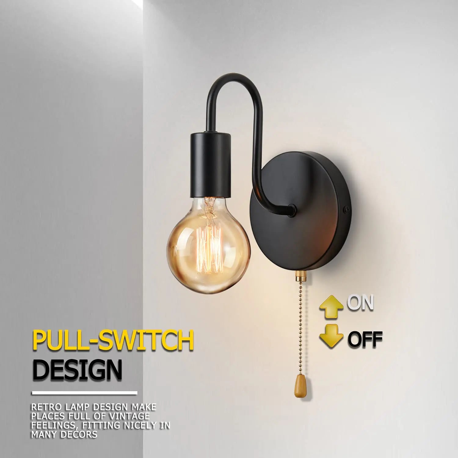 Luminária de parede nórdica industrial em ferro preto, soquete E27, para ambientes internos, ideal para cabeceira, banheiro ou quarto.