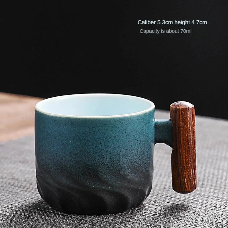 Caneca de Café Vintage Cerâmica Artesanal com Cabo de Madeira