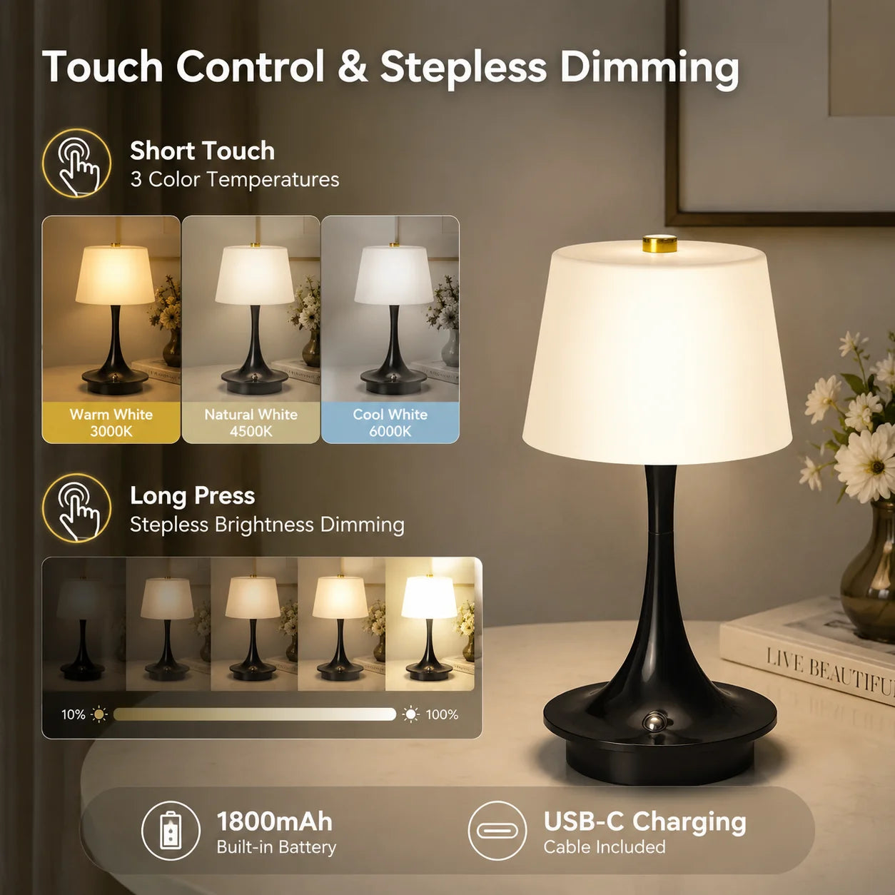 Rechargeable Table Lamp 1800mAh Battery LED Bedside Lamp USB-C Charging Touch  Lamp for Bedroom Living Room Restaurant Decor