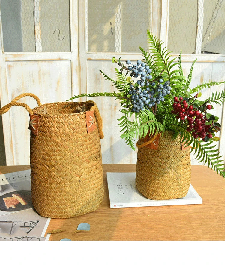 Cesta de Armazenamento De Vime DIY Artesanal Trançada Natural Circular- Cachepó, Vaso de Flores