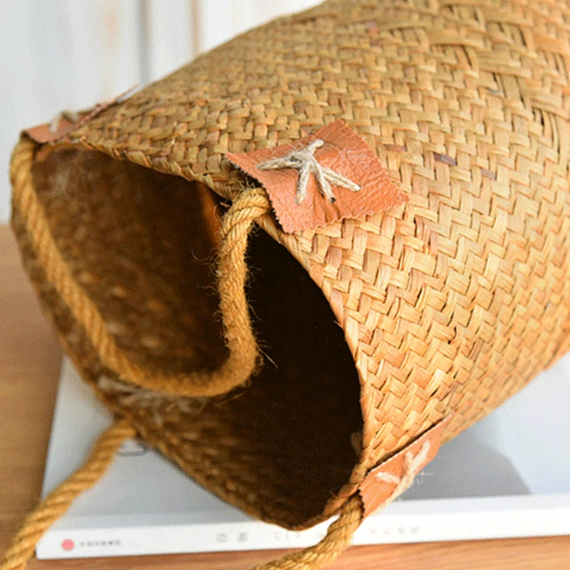 Cesta de Armazenamento De Vime DIY Artesanal Trançada Natural Circular- Cachepó, Vaso de Flores