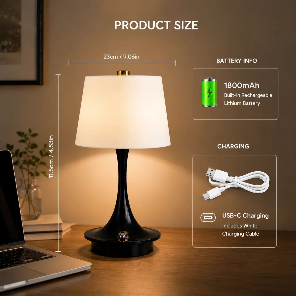 Rechargeable Table Lamp 1800mAh Battery LED Bedside Lamp USB-C Charging Touch  Lamp for Bedroom Living Room Restaurant Decor