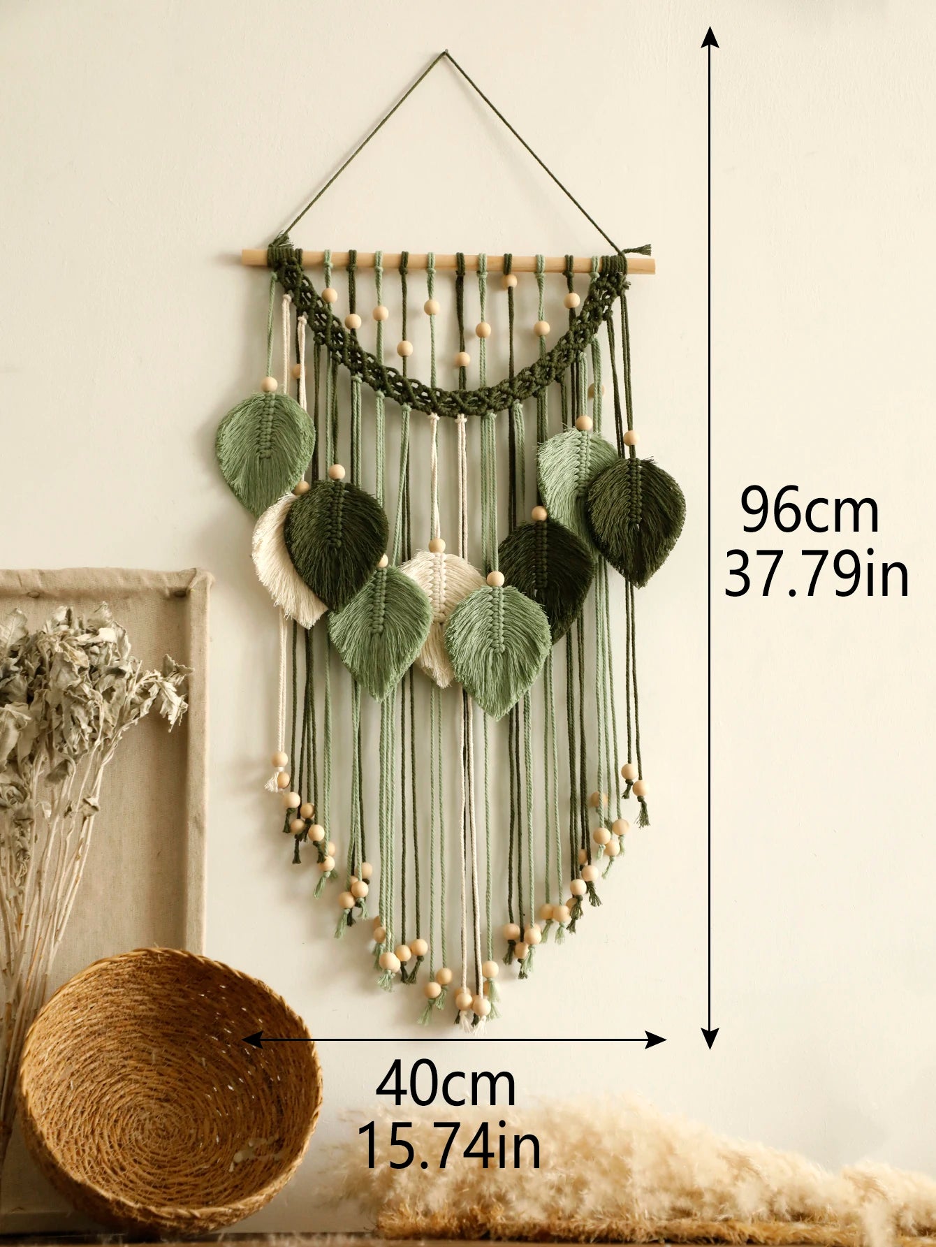 Tapeçaria de Macramê com Folhas, Marrom e Verde, Tapeçaria de Parede, Decoração Boho para Casa, Tapeçaria de Macramê para Parede, Decoração de Sala de Estar