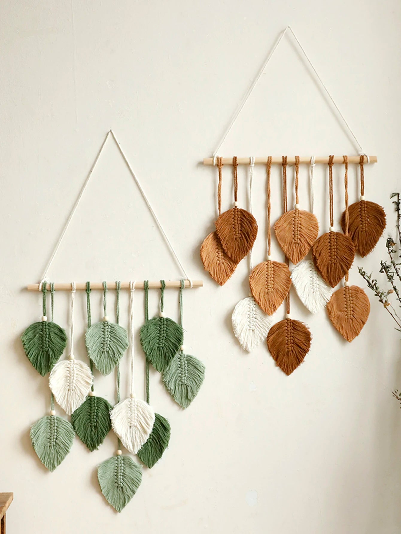 Tapeçaria de Macramê com Folhas, Marrom e Verde, Tapeçaria de Parede, Decoração Boho para Casa, Tapeçaria de Macramê para Parede, Decoração de Sala de Estar