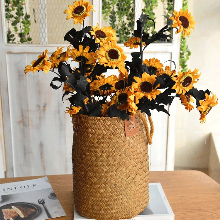 Cesta de Armazenamento De Vime DIY Artesanal Trançada Natural Circular- Cachepó, Vaso de Flores