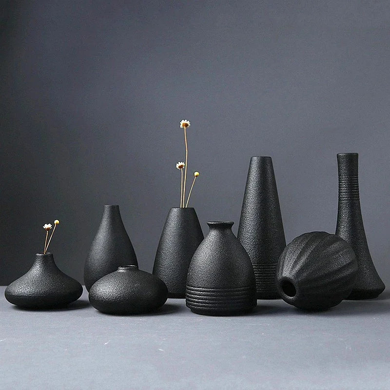 Vaso pequeno de cerâmica preta, decoração para casa, artesanato, enfeite de mesa, simplicidade, decoração em estilo japonês