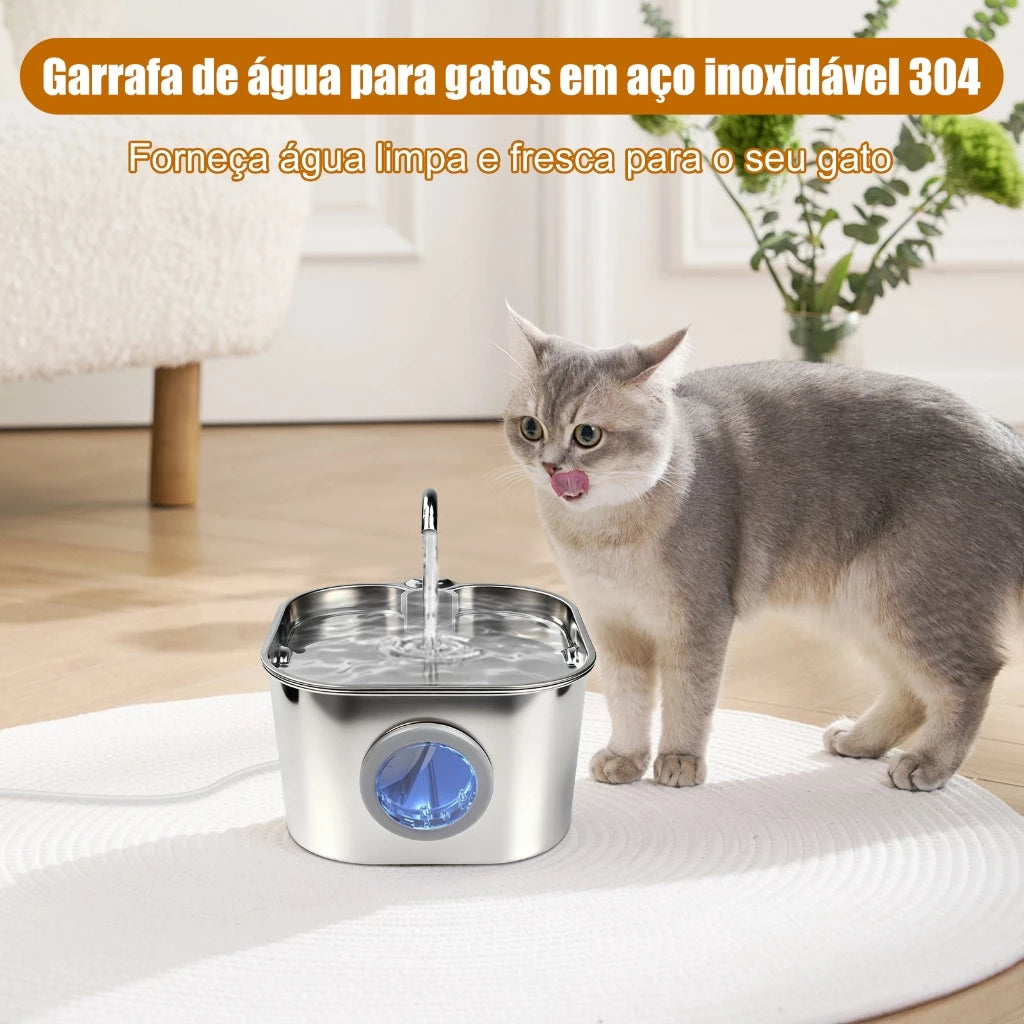 Bebedouro Automático de Aço Inoxidável para Gatos com Visor de Água-Mstail 2.2L