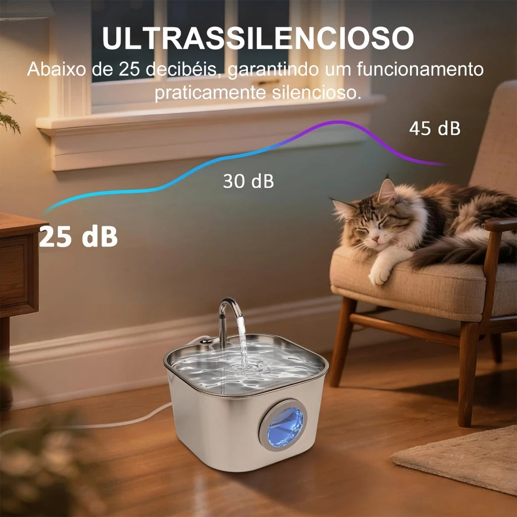 Bebedouro Automático de Aço Inoxidável para Gatos com Visor de Água-Mstail 2.2L