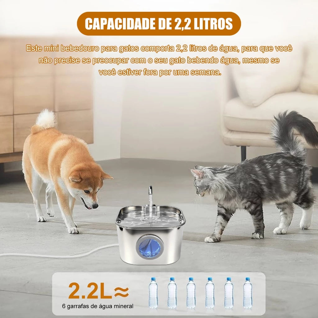 Bebedouro Automático de Aço Inoxidável para Gatos com Visor de Água-Mstail 2.2L