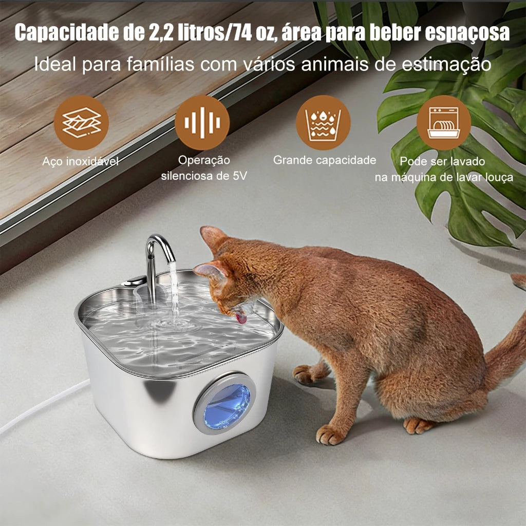 Bebedouro Automático de Aço Inoxidável para Gatos com Visor de Água-Mstail 2.2L