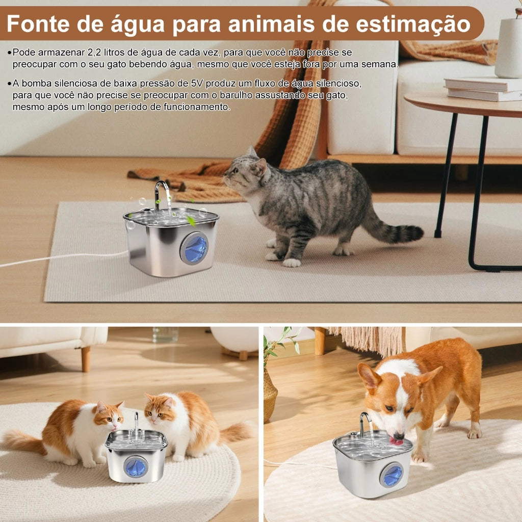 Bebedouro Automático de Aço Inoxidável para Gatos com Visor de Água-Mstail 2.2L
