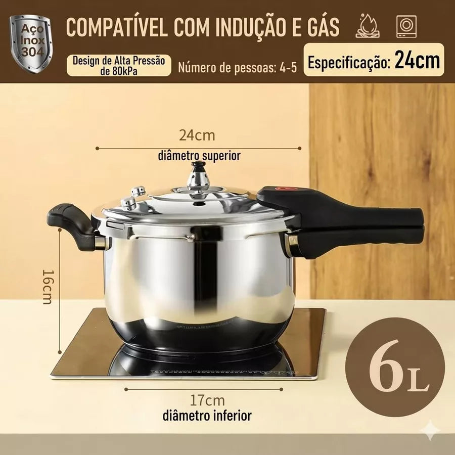 Panela De Pressão Aço Inox 304 Polido Premium Anti- Explossão Fundo Triplo