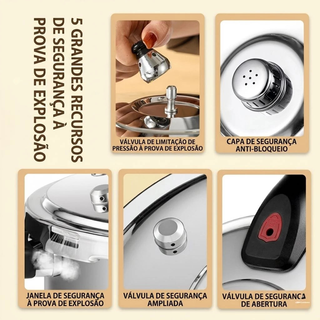 Panela De Pressão Aço Inox 304 Polido Premium Anti- Explossão Fundo Triplo