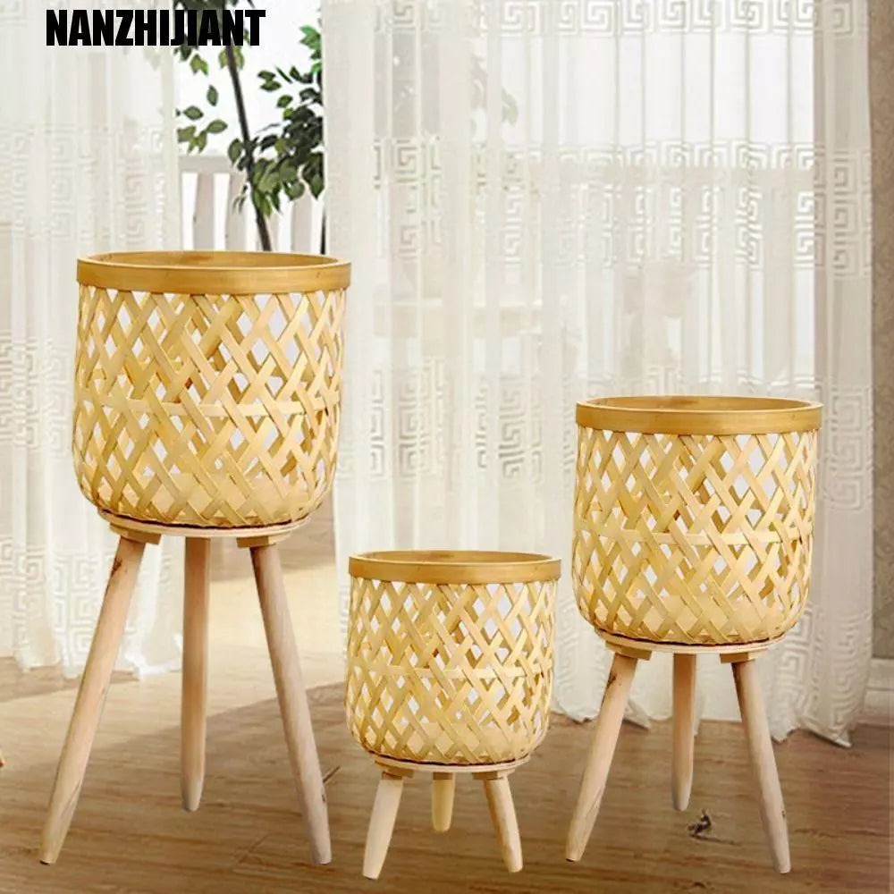 Cachepot para Plantas -Vaso de Flores Feito em Bambu Técnica Rattan